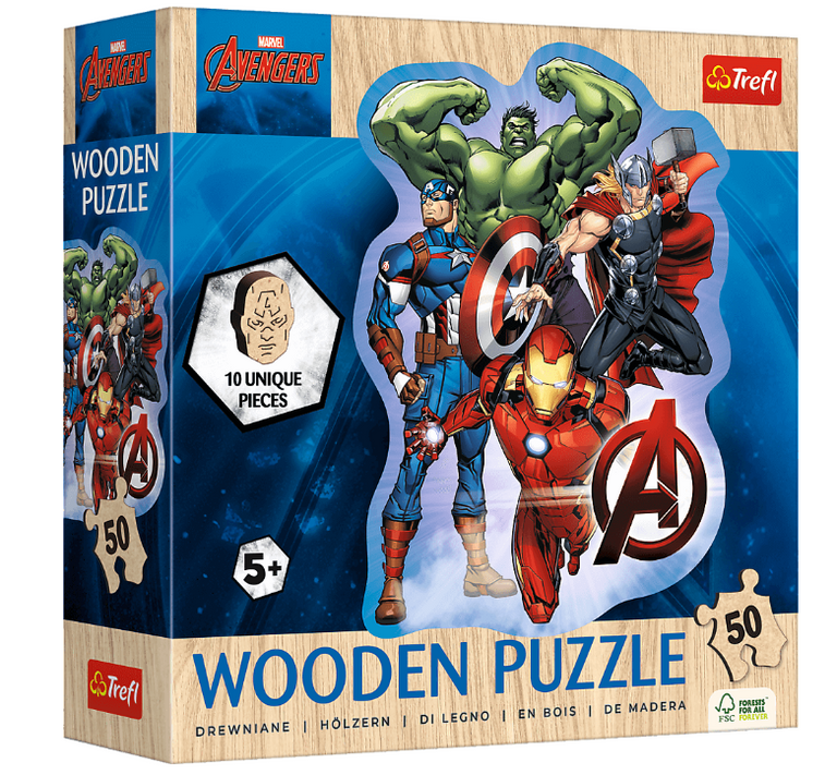 TREFL Dřevěné obrysové puzzle Avengers a jejich dobrodružství 50 dílků