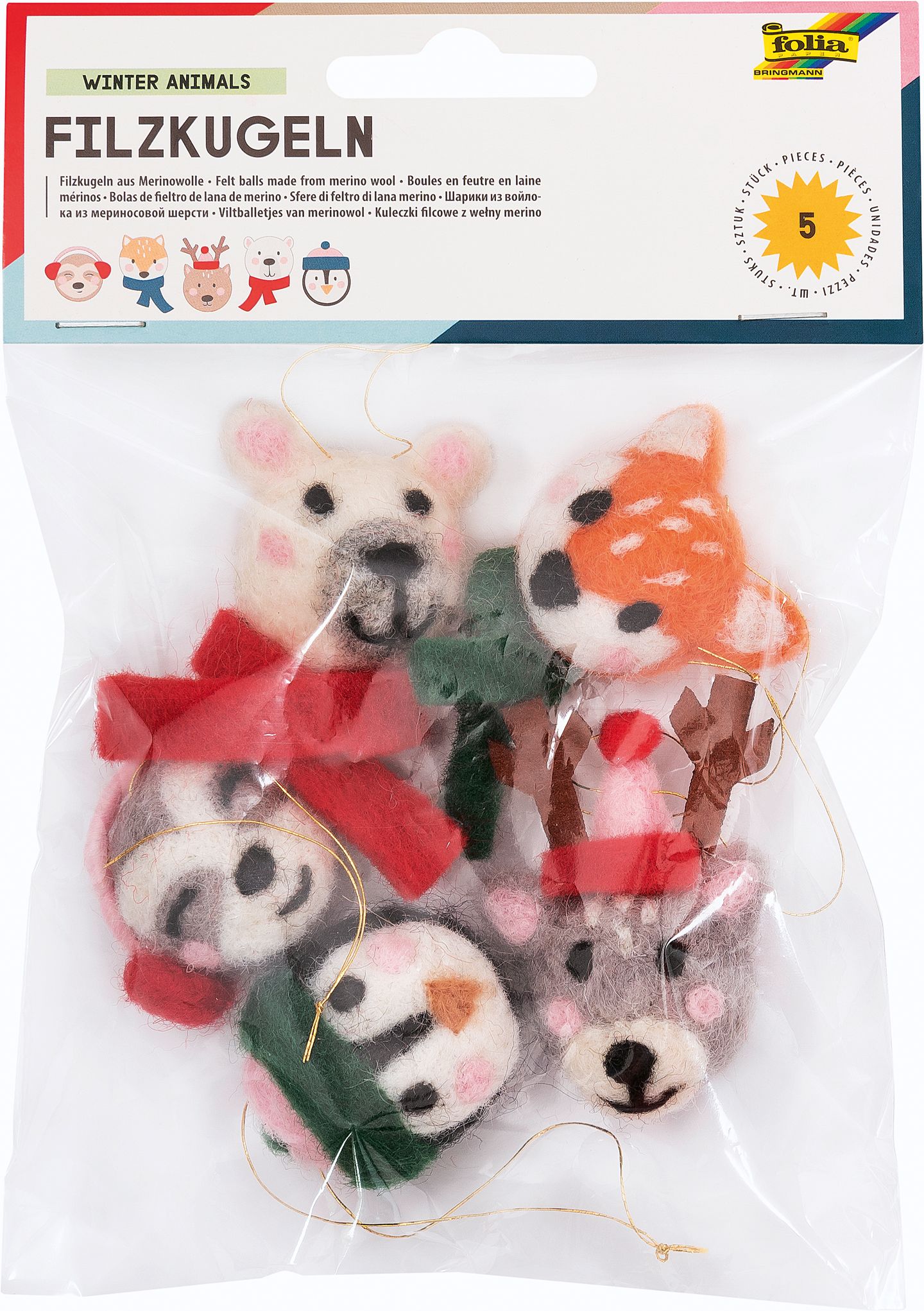 Filcová zvířátka - bambulky - z merino vlny - zimní set