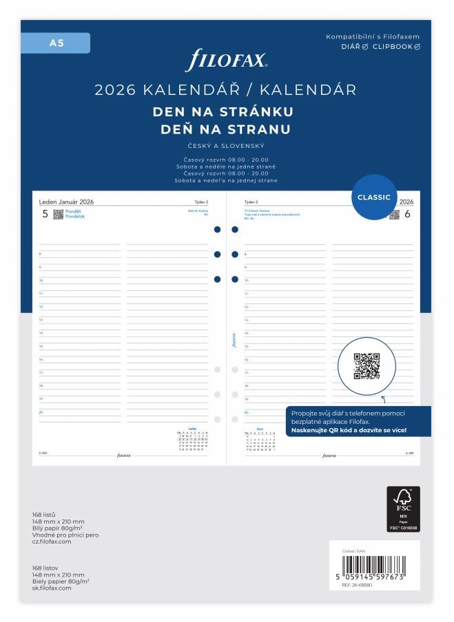 Filofax - náplň A5 - kalendář 2026, den na stránku, linkovaný, ČJ + SJ