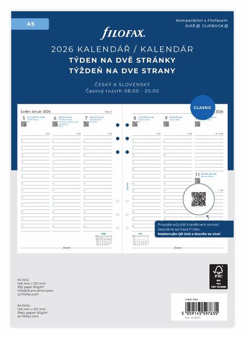 Obrázek produktu: Filofax Náplň 2026 pro diář A5 týdenní česká