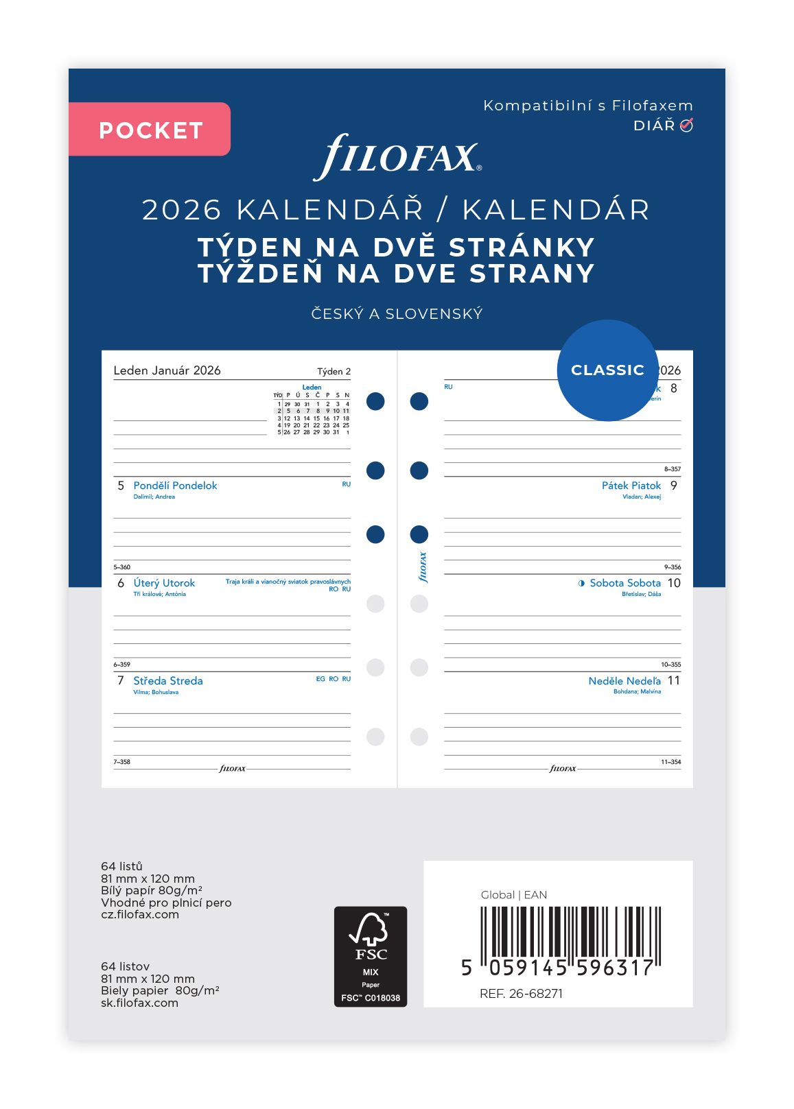 Filofax Náplň 2026 pro kapesní diář týdenní česká