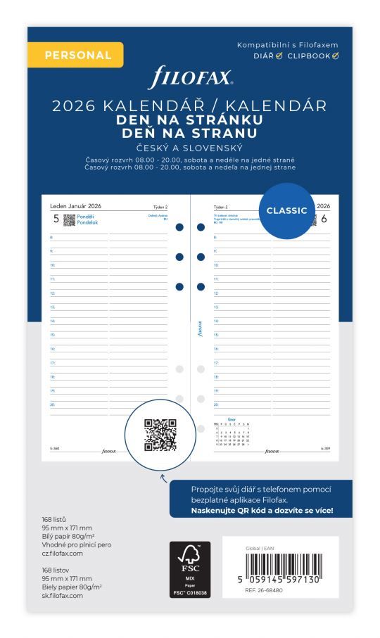 Filofax - náplň osobní - kalendář 2026, den na stránku, linkovaný, ČJ + SJ