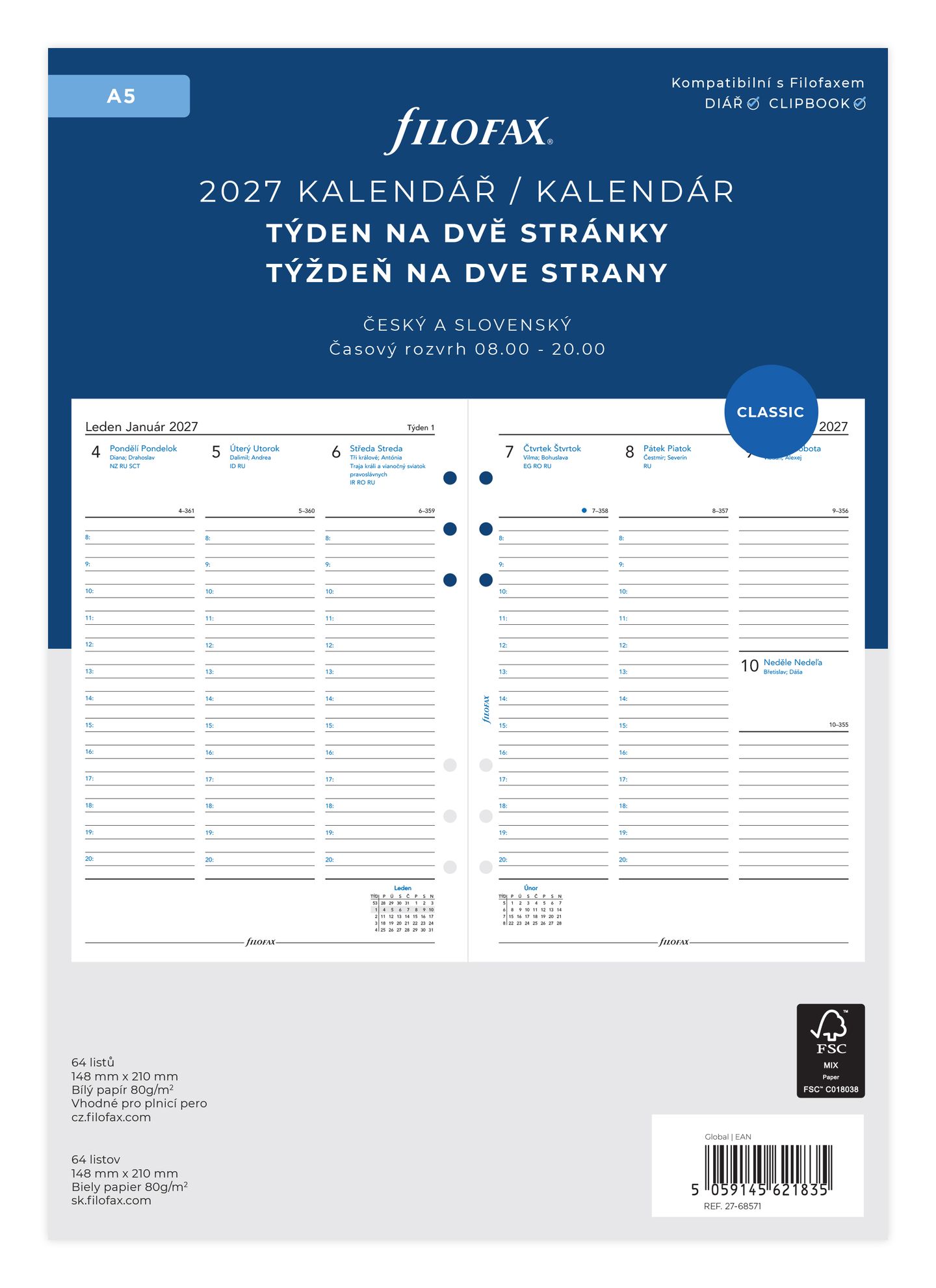 Filofax Náplň 2027 pro diář A5 týdenní česká