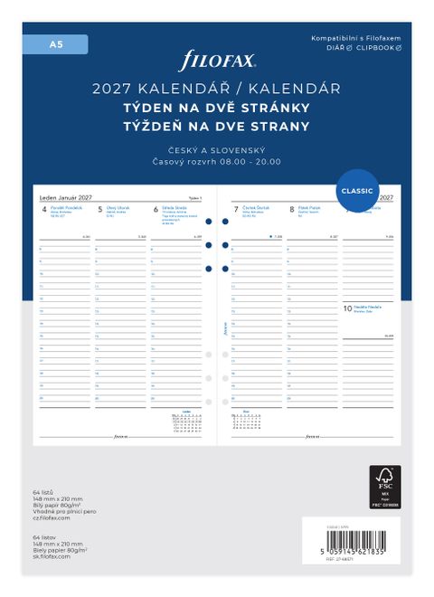 Obrázek produktu: Filofax Náplň 2027 pro diář A5 týdenní česká