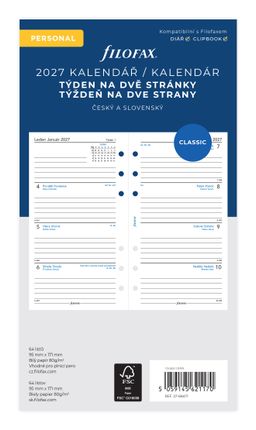 Obrázek produktu: Filofax Náplň 2027 pro osobní diář týdenní česká