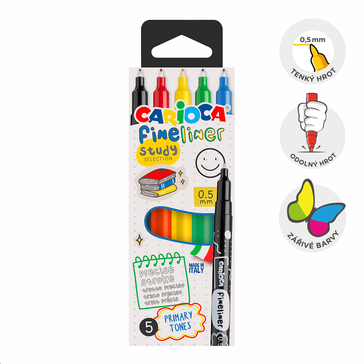 Fineliner Carioca 0,5 mm - sada 5 ks Study - základní barvy