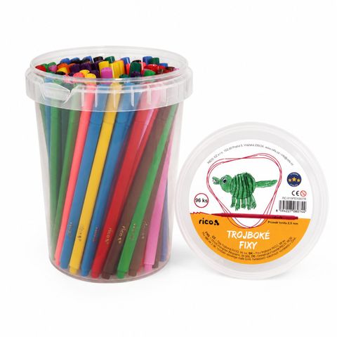 Obrázek produktu: Fixy trojboké RICO, hrot 2,5 mm, sada 96 ks (8 x 12 barev), PP kyblík
