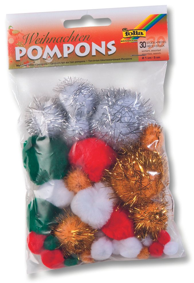 Folia Dekorativní Pom-pom kuličky se třpytkami 30 ks - vánoční mix