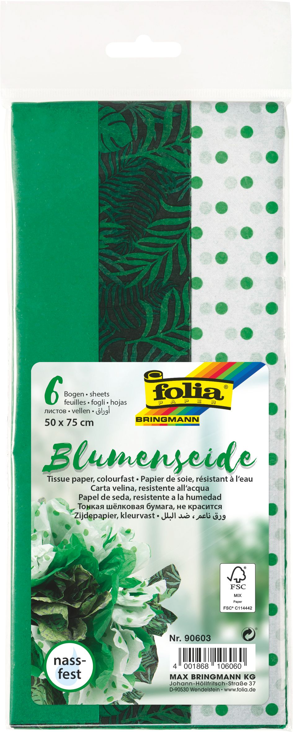 Folia hedvábný papír - zelený mix, 17 g/m2