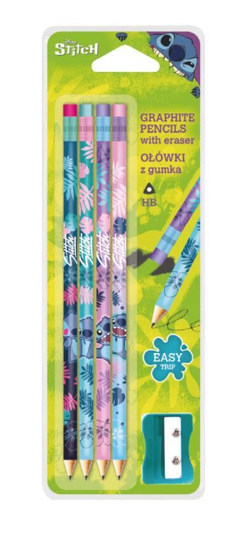 Levně Grafitová tužka Colorino Stitch HB trojhranná s pryží - 4 ks s ořezávátkem