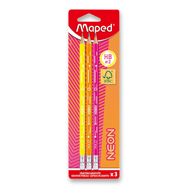 Grafitová tužka MAPED Neon HB s pryží, 3 ks na blistru