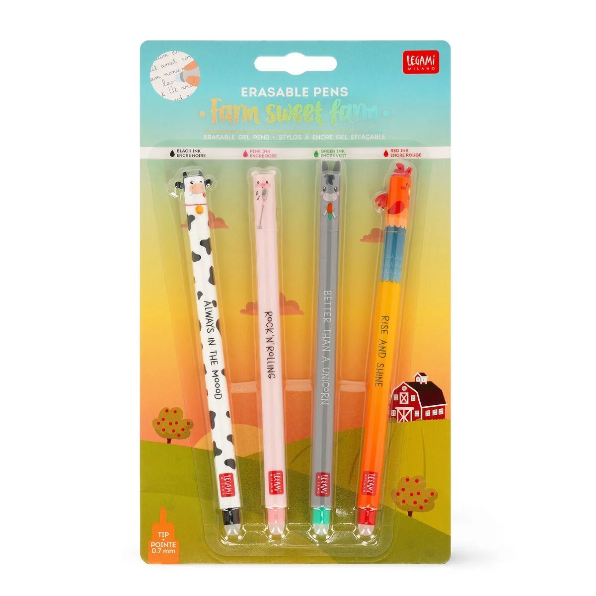 Gumovací pero Legami 0,7 mm - Farm sweet farm - sada 4 ks