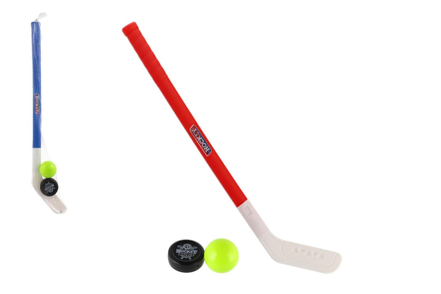 Hokejka plast 73 cm s pukem a míčkem, mix barev