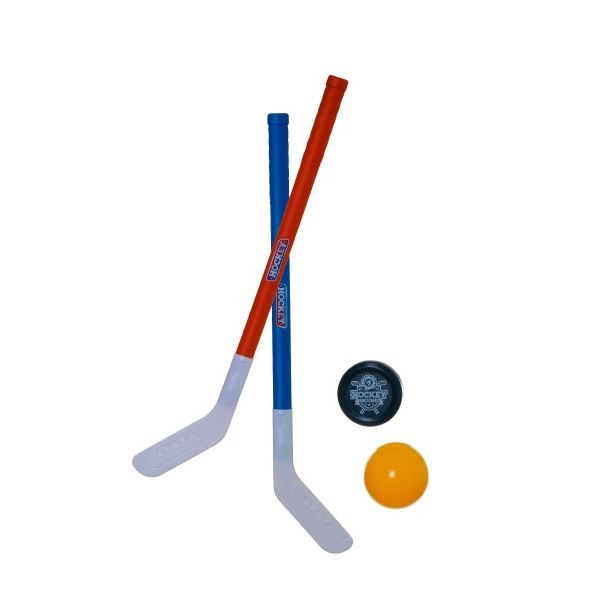 Hokejka pozemní 2ks plast 72cm + florbalový míček +plastový puk v síťce