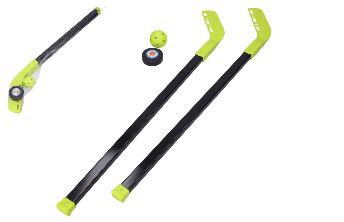 Hokejka pozemní 2 ks plast 83 cm + florbalový míček a plastový puk
