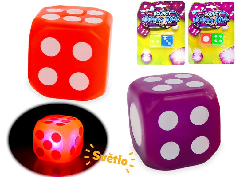 Hrací kostka Jumbo 3,6 cm na baterie se světlem, 2 ks na kartě, mix barev