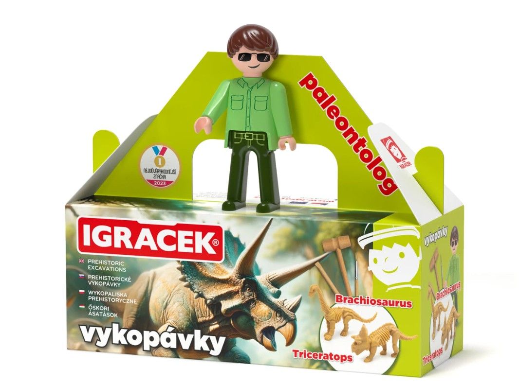 Igráček Paleontolog - figurka s vykopávkami dinosaurů Triceratopse a Brachiosaura