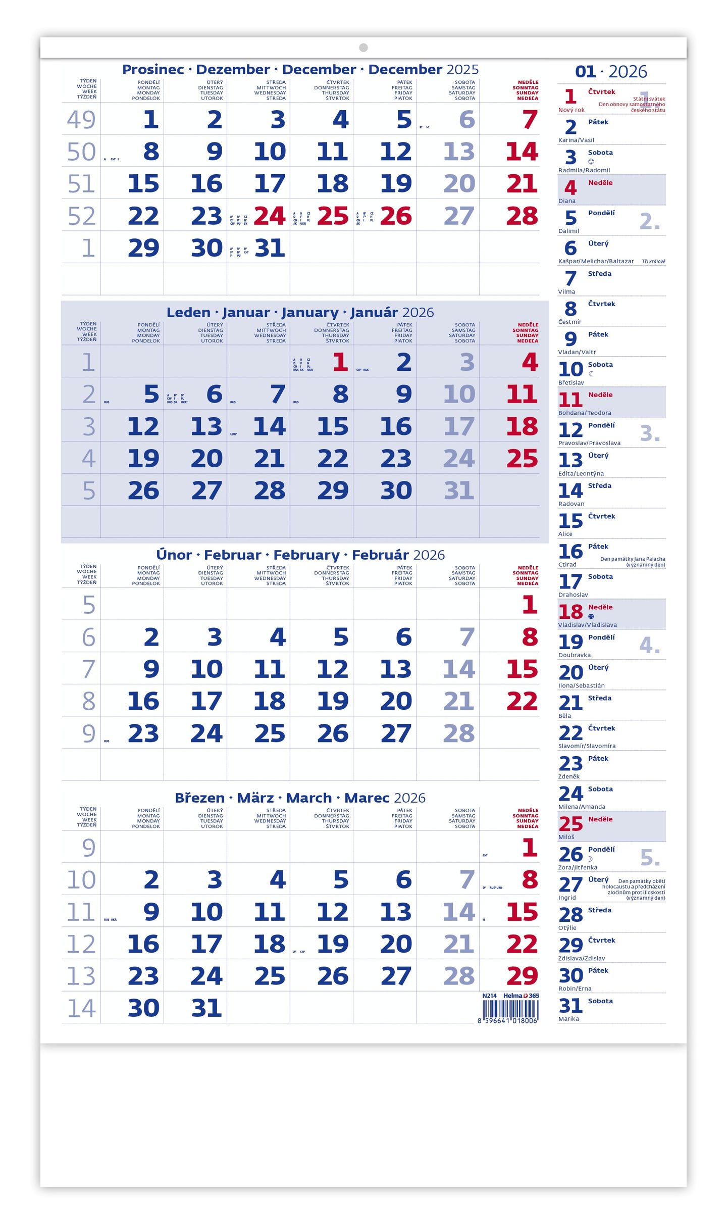 Kalendář nástěnný 2026 - Čtyřměsíční modrý s poznámkami