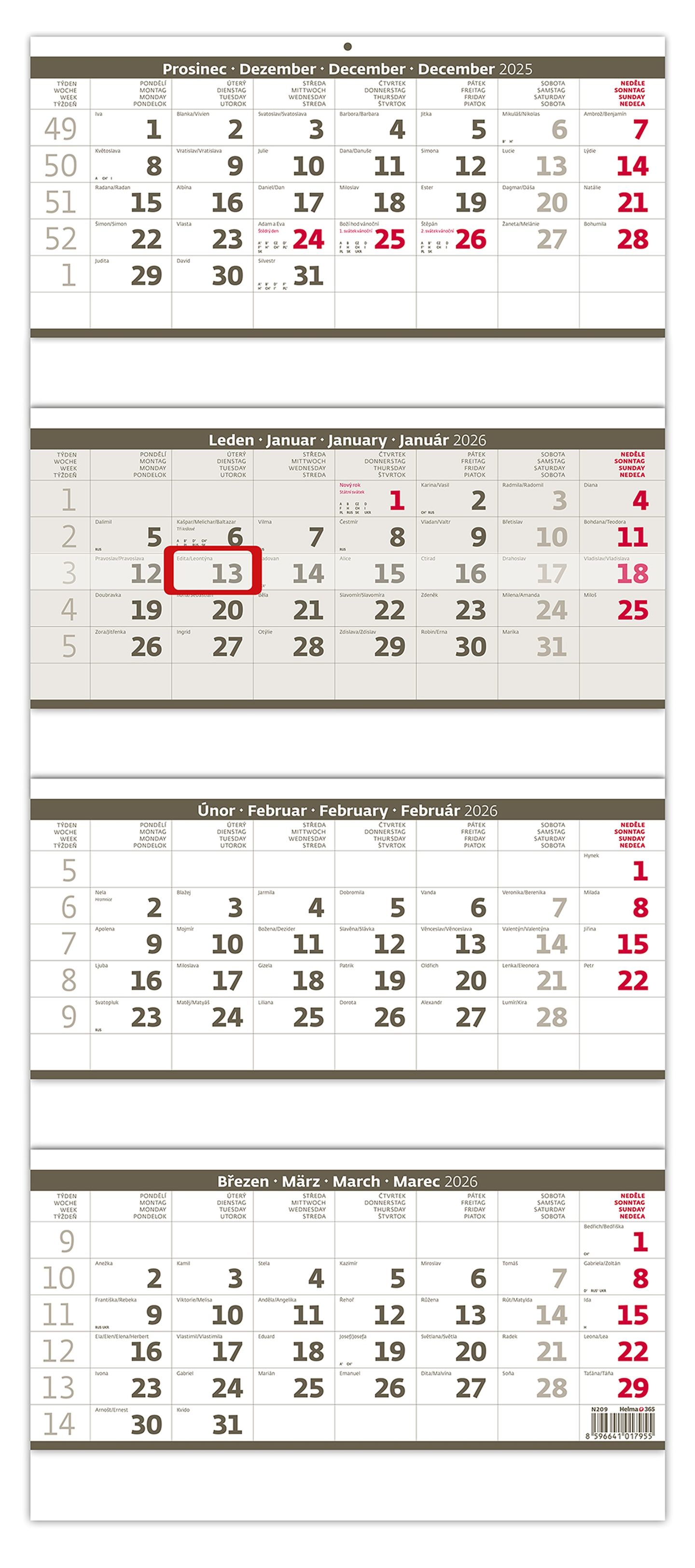 Kalendář nástěnný 2026 - Čtyřměsíční skládaný šedý