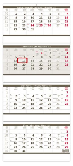 Obrázek produktu: Kalendář nástěnný 2026 - Čtyřměsíční skládaný šedý