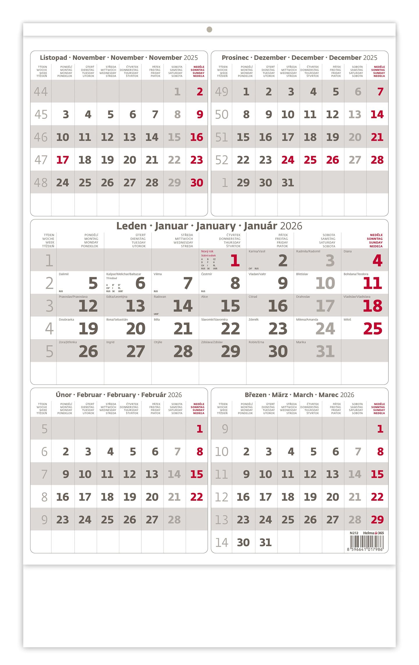 Kalendář nástěnný 2026 - Pětiměsíční šedý