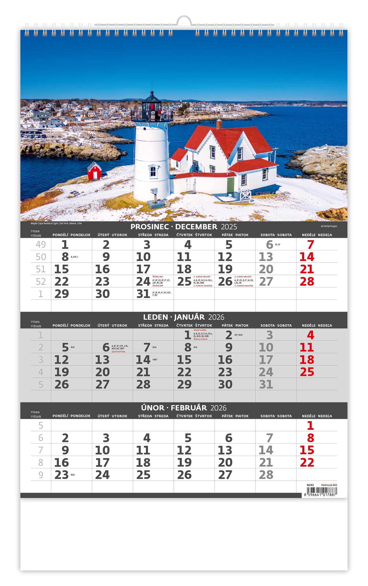 Kalendář nástěnný 2026 - Pobřeží  – 3měsíční/Pobrežie – 3mesačné