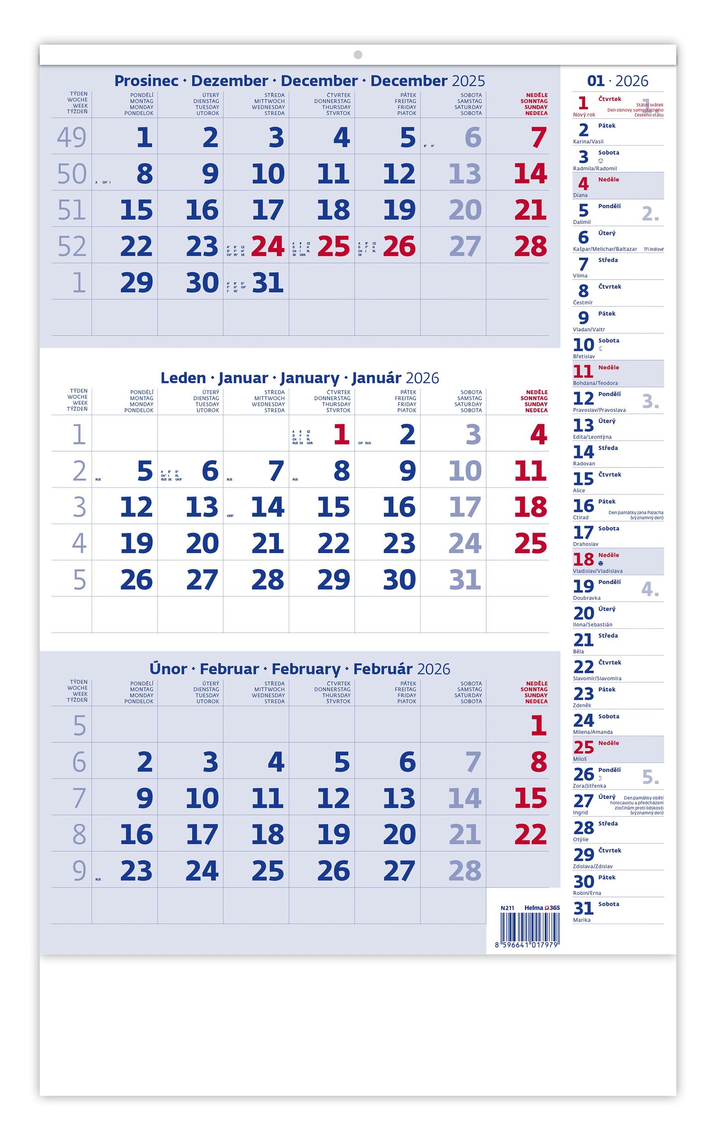 Kalendář nástěnný 2026 - Tříměsíční modrý s poznámkami