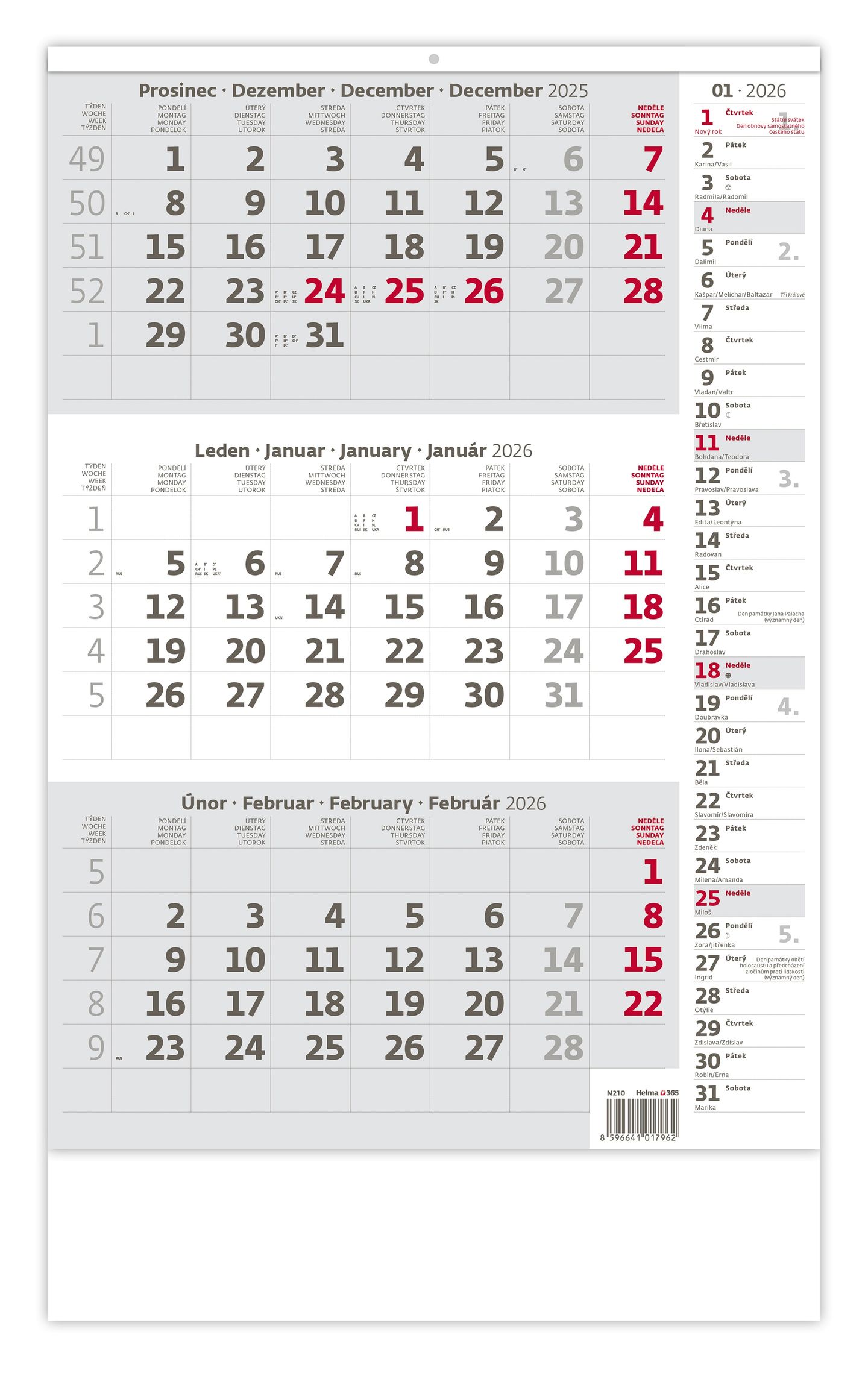 Kalendář nástěnný 2026 - Tříměsíční šedý s poznámkami