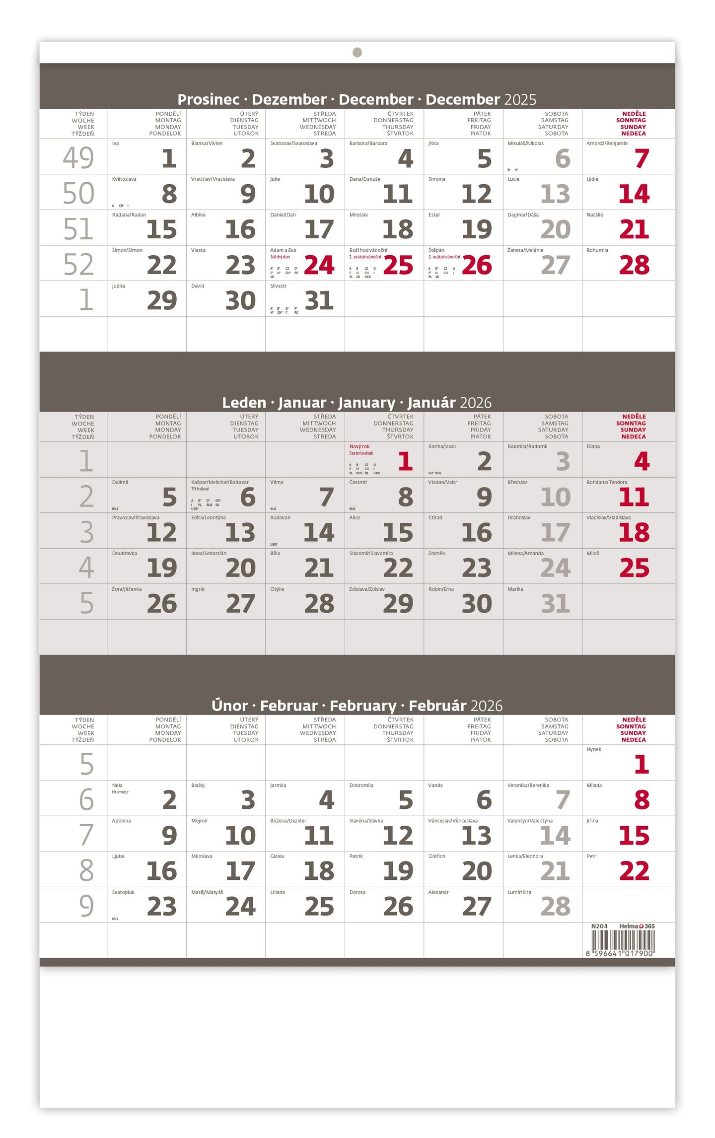 Kalendář nástěnný 2026 - Tříměsíční šedý