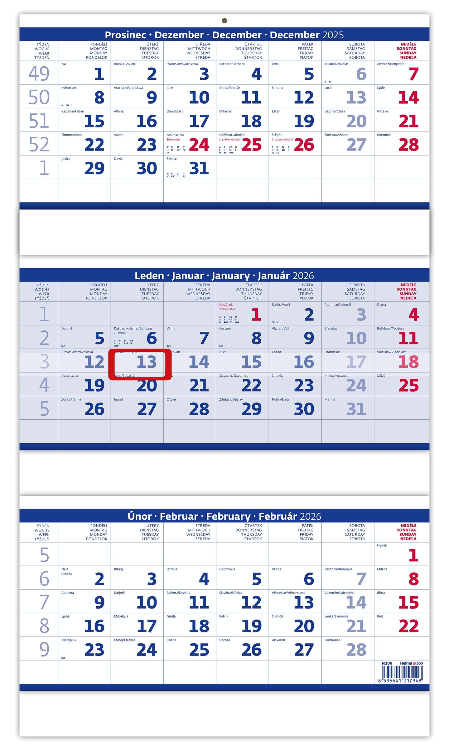 Kalendář nástěnný 2026 - Tříměsíční skládaný modrý
