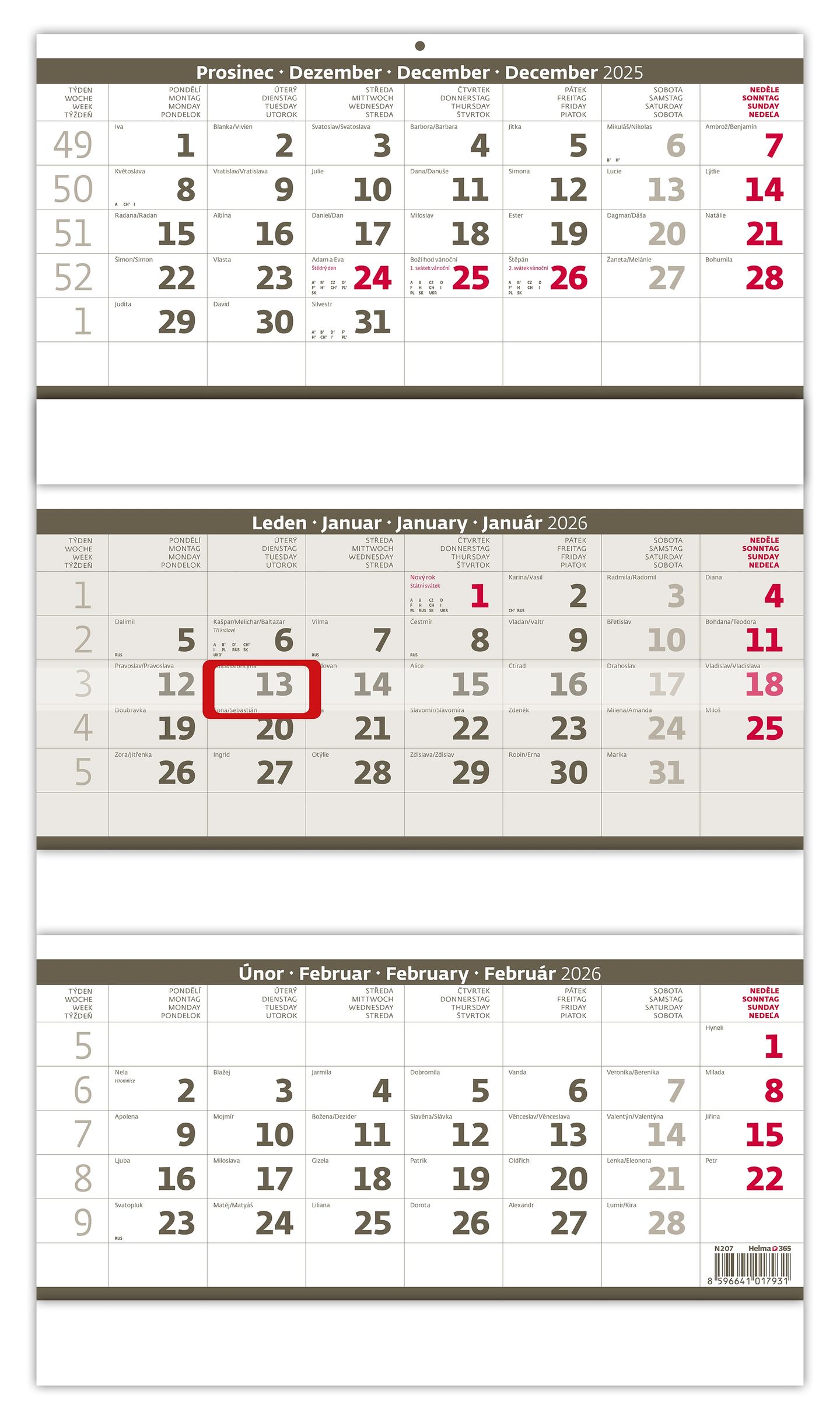 Kalendář nástěnný 2026 - Tříměsíční skládaný šedý