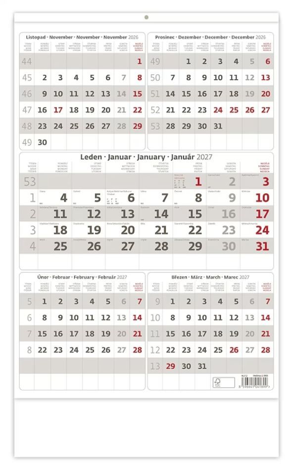 Kalendář nástěnný 2027 - Pětiměsíční šedý