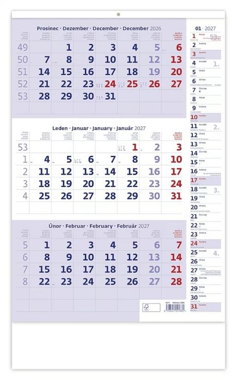 Obrázek produktu: Kalendář nástěnný 2027 - Tříměsíční modrý s poznámkami