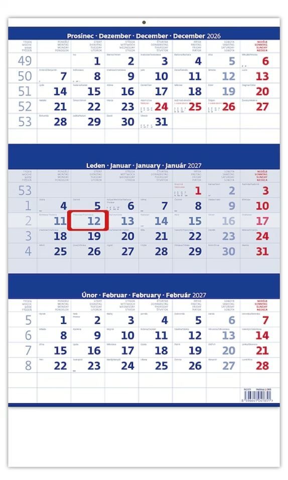 Kalendář nástěnný 2027 - Tříměsíční modrý