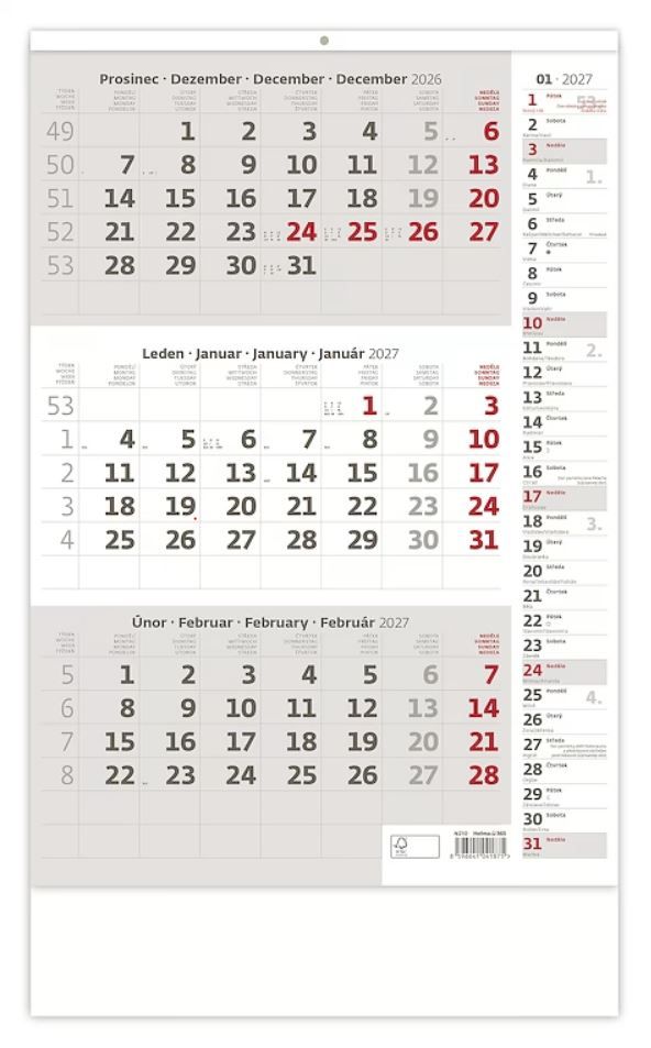 Kalendář nástěnný 2027 - Tříměsíční šedý s poznámkami