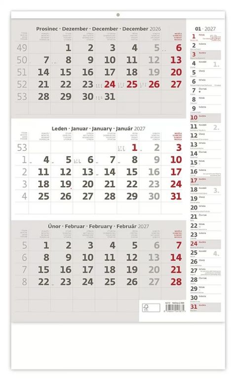 Obrázek produktu: Kalendář nástěnný 2027 - Tříměsíční šedý s poznámkami