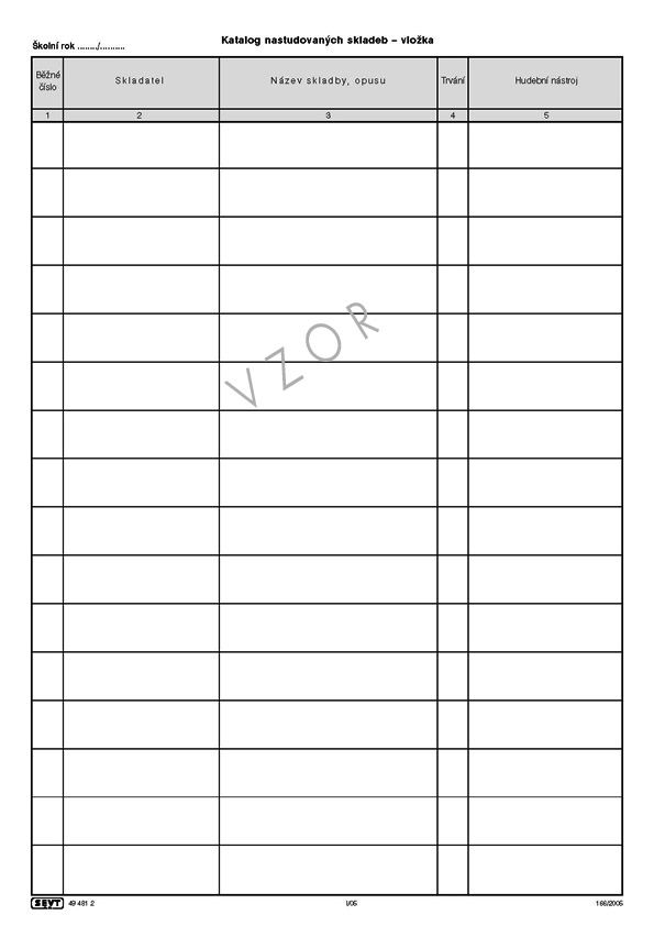 Katalog nastudovaných skladeb a záznamy o vystoupení - vložka