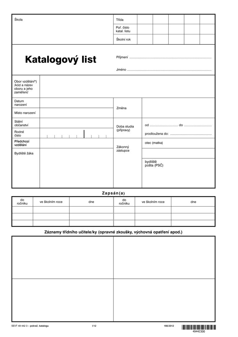 Levně Katalogový list - (na 1 žáka)