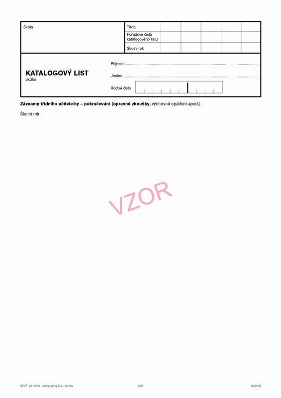 Levně Katalogový list - pokračování, záznam třídního učitele (na 1 žáka)