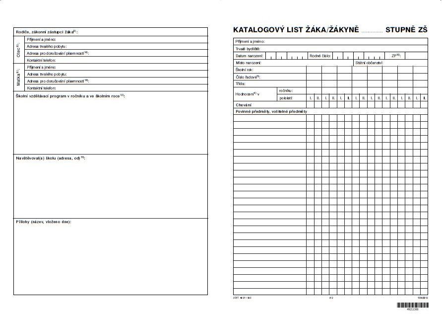Katalogový list žáka  - univerzální pro 1. nebo pro  2. stupeň ZŠ