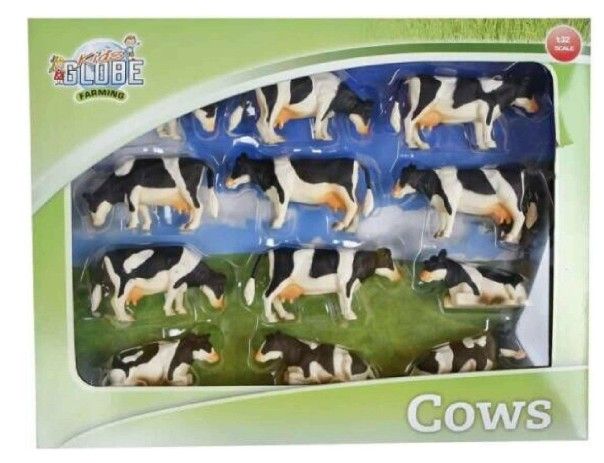 Kids Globe Farming kráva černobílá 1:32 stojící/ ležící 12 ks v krabičce