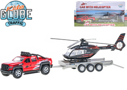 Obrázek produktu: Kids Globe Traffic auto terénní 13 cm kov na zpětný chod s přívěsem + vrtulníkem 20 cm