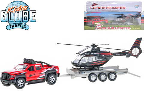 Obrázek produktu: Kids Globe Traffic auto terénní 13 cm kov na zpětný chod s přívěsem + vrtulníkem 20 cm
