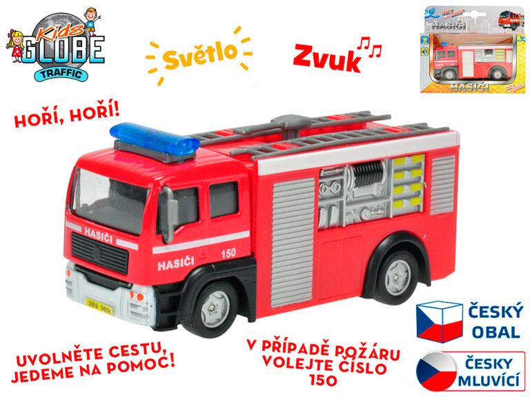 Mikro Auto hasiči 12cm kov zpětný chod na baterie česky mluvící se světlem v krabičce