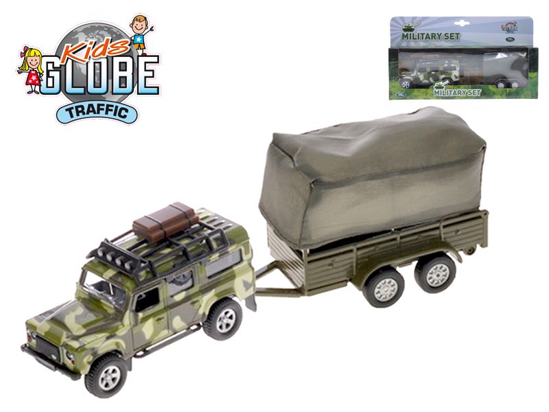 Kids Globe Traffic Land Rover Defender Military 14,5 cm na zpětný chod s přívěsem