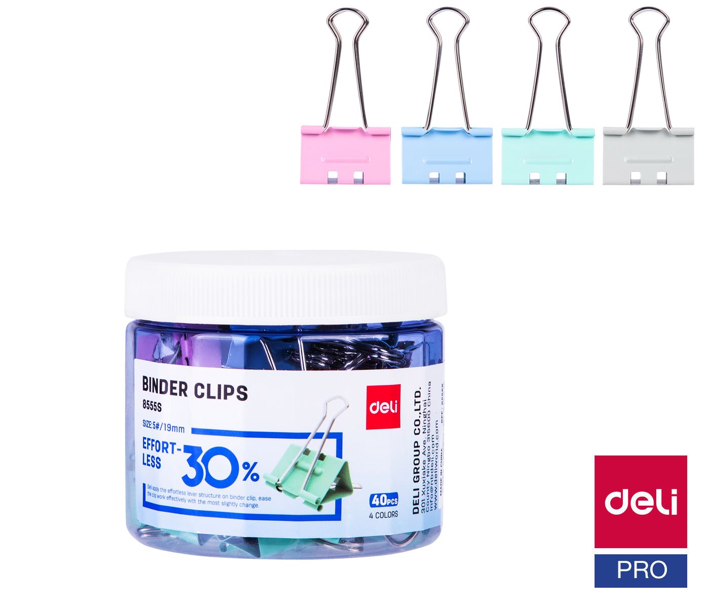 Klip binder DELI 19 mm dóza 40 ks - mix pastelových barev