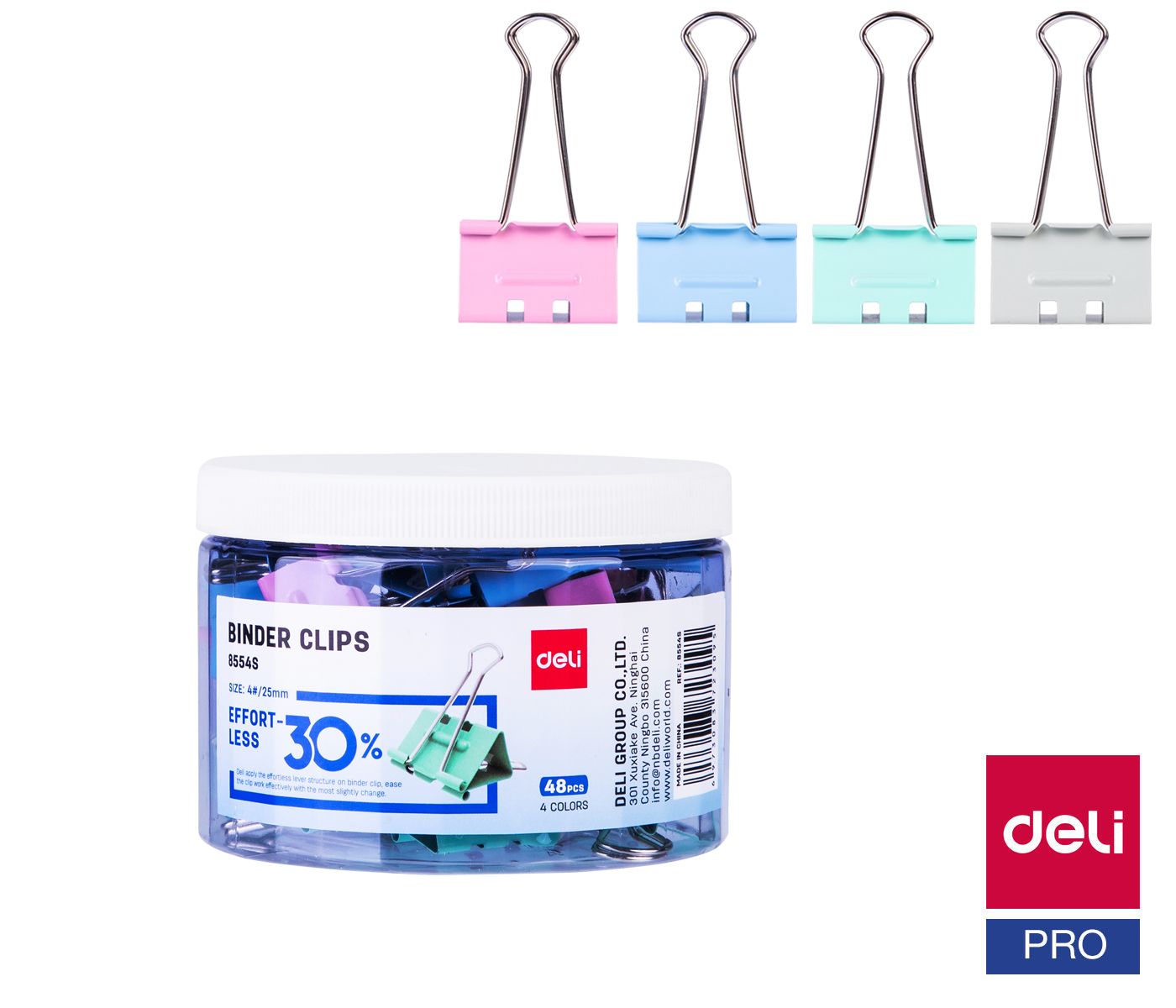 Klip binder DELI 25 mm dóza 48 ks - mix pastelových barev