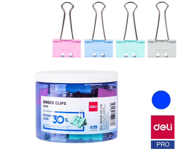 Klip binder DELI 50 mm dóza 12 ks - mix pastelových barev