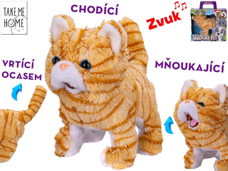 Kočka plyšová 21 cm na baterie mňoukající a vrtící ocasem