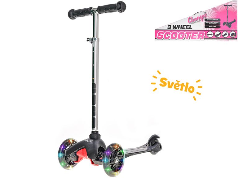 Koloběžka černá tři kola a nastavitelná řídítka se svítícími LED koly